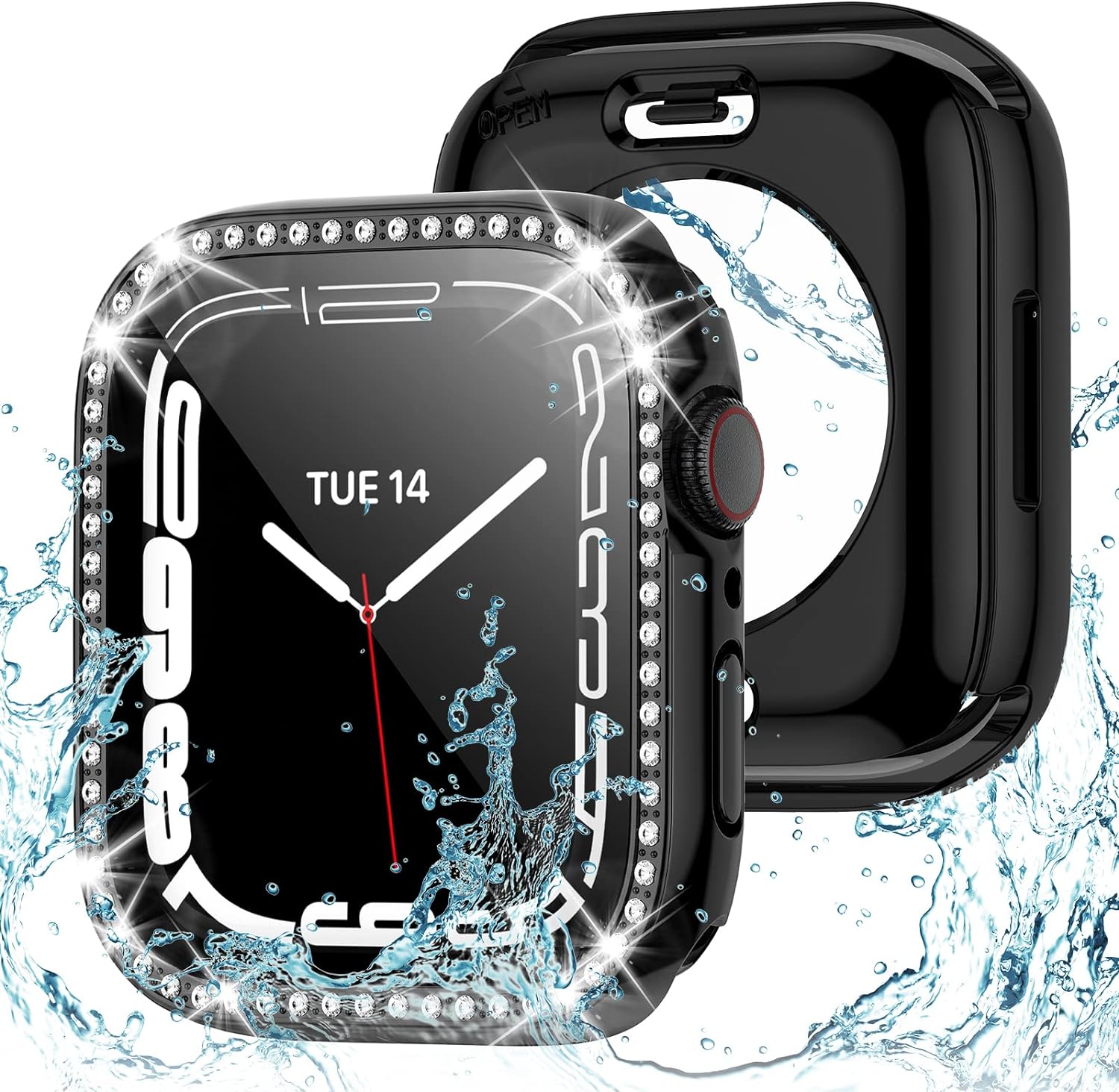 230816044720570_1 2 in 1 Bling Waterproof Case for Apple Watch Series 8 7 41mm, 360 Protective PC Cover Front & Back Bumper with Tempered Glass Screen Protector, Crystal Diamond iWatch Cases for Women, 41mm Silver - Image 1